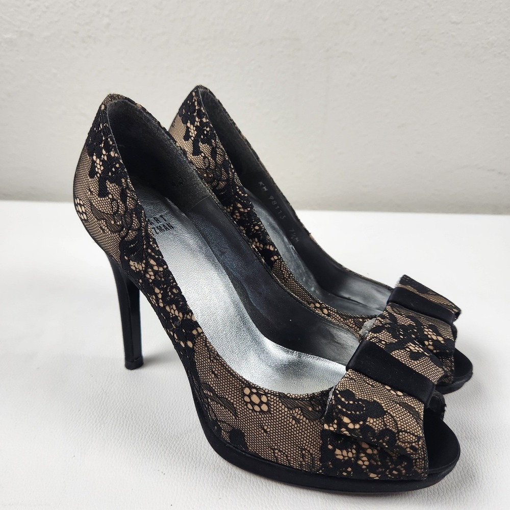 Stuart Weitzman Peep Toe Stiletto Pumps Heels 7.5M Black Lace Nude Bow Wedding